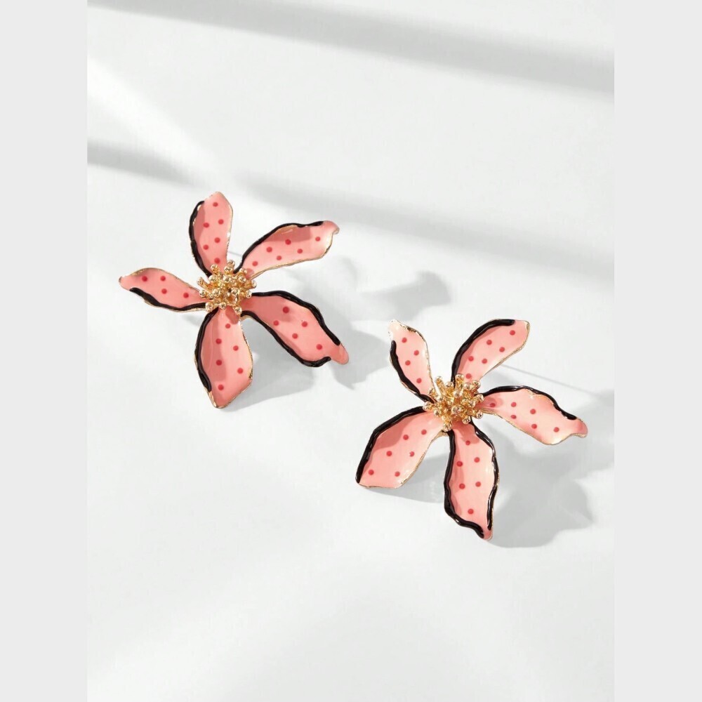 Pink Polka Dot Enamel Flower Petal Stud Earrings